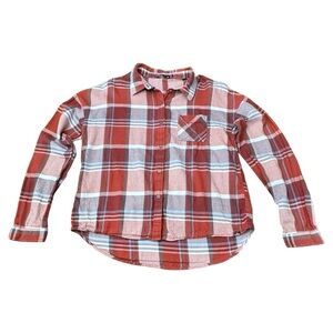 PrAna Button Down Plaid Flannel Shirt Maroon Casual Fall Outdoors Women’s Size M